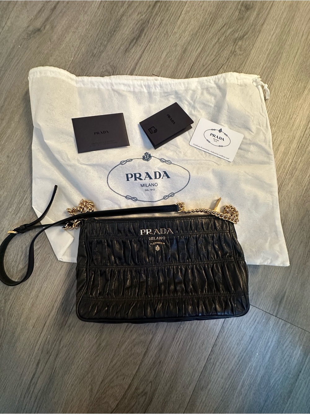 Prada Black Nappa Gaufre Quilted Leather Crossbody with Gold Chain